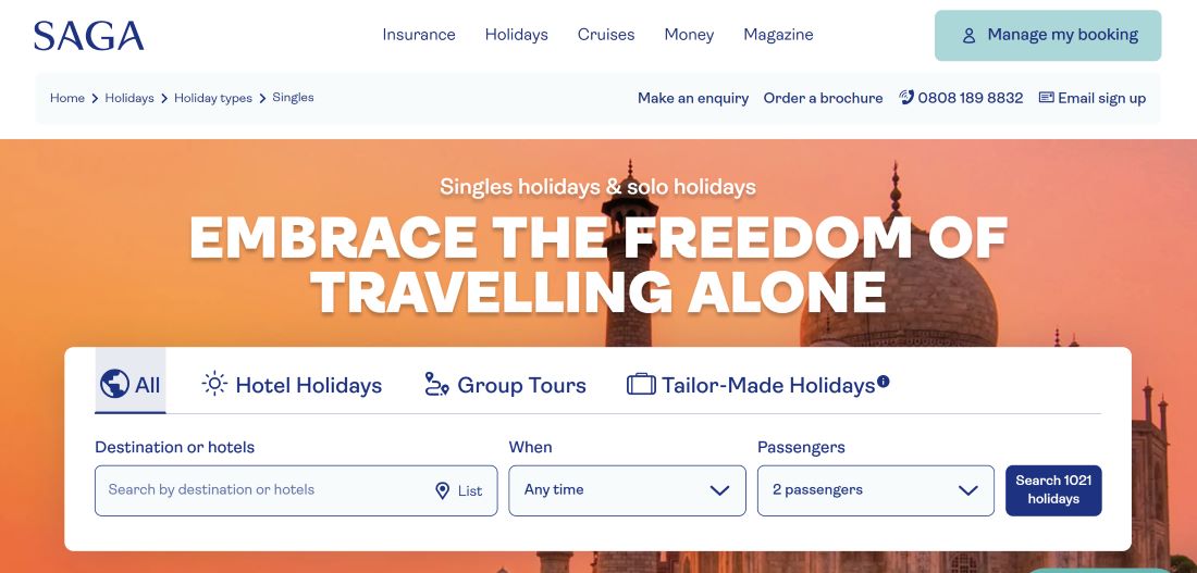 Saga holidays for solo travellers.